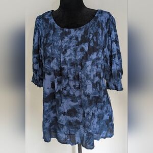 NWT Terra & Sky Smocked Blouse Top Women's Plus Size 0X Blue Black Abstract